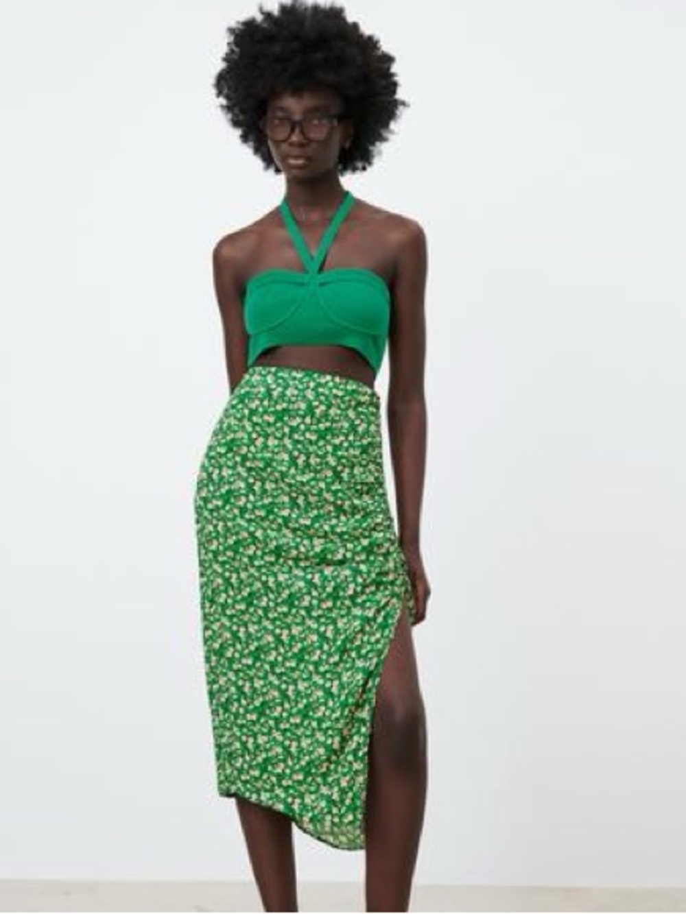 Zara Green Floral Midi Skirt with Ruched Side and High Slit